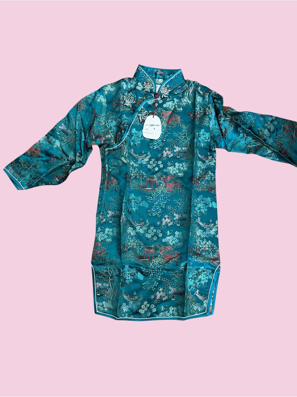 🎀Girls Teal Satin Mandarin Dress🎀Size 4🎀Embroidered Floral Brocade🎀So Gorgeous🎀